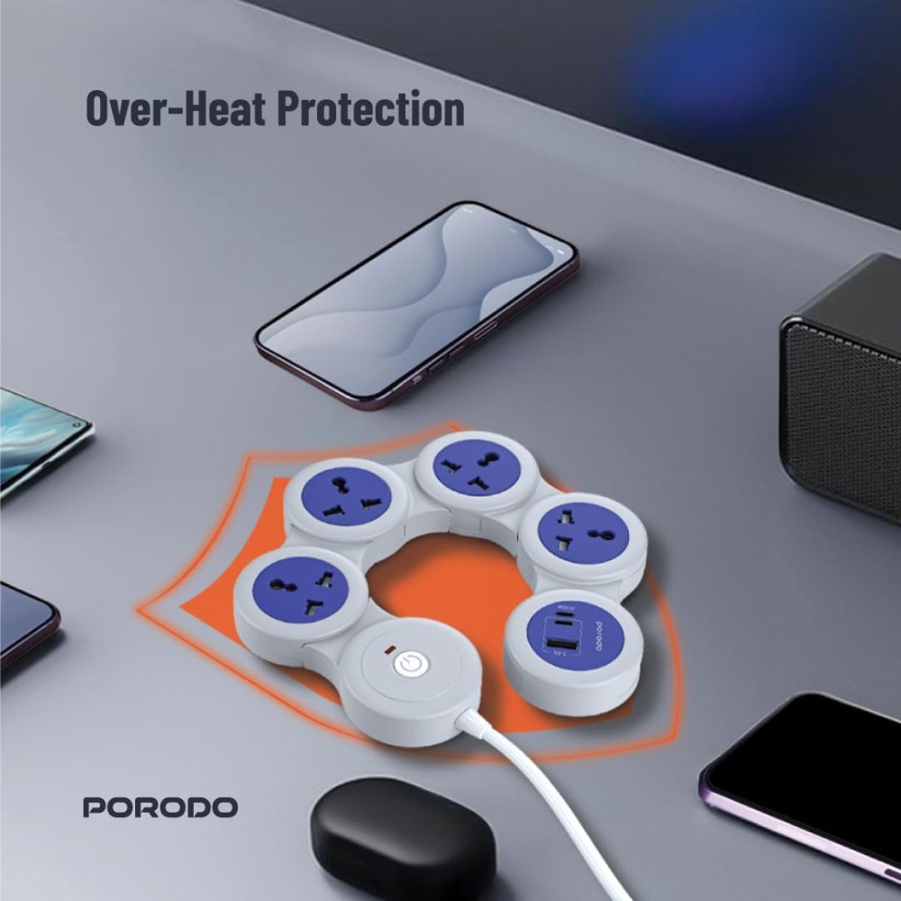 Porodo 2500W USB-A Type-C and 4 AC Multiport Socket Strip - Image 5