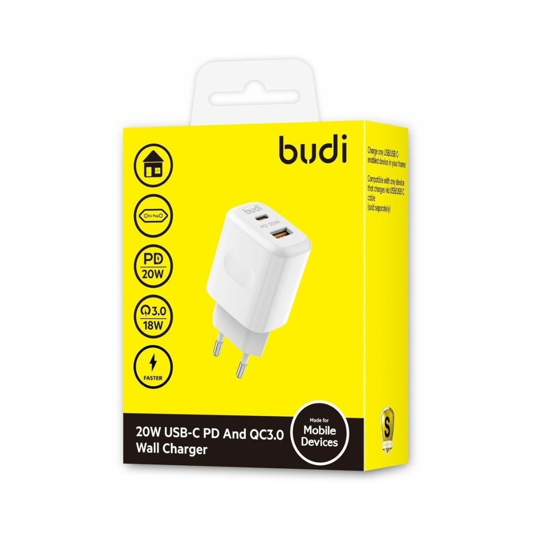 Budi-20W-USB-C-PD-And-QC3.0-Wall-Charger.jpg Budi 20W USB-C PD And QC3.0 Wall Charger - Image 1