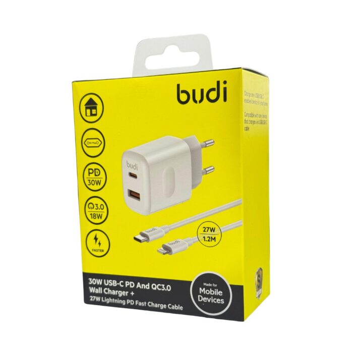 Budi 30W USB-C PD And QC3.0 Wall Charger + 27W Lightning Pd Fast Charge Cable - Image 2