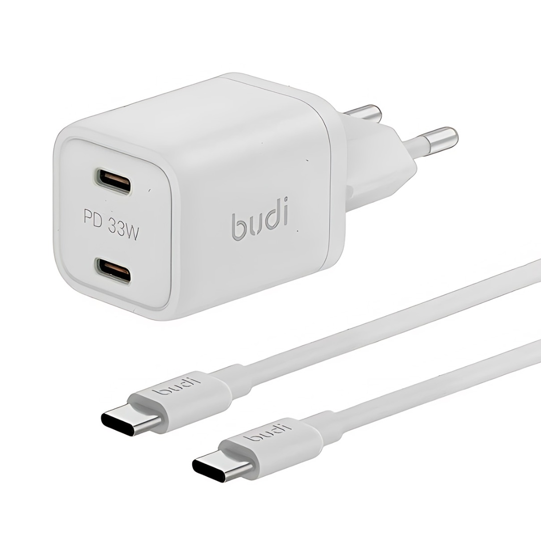 Budi-33W-Dual-USB-C-PD-Mini-Gan-Wall-Charger-65W-USB-C-PD-Fast-Charge-Cable.jpg Budi 33W Dual USB-C PD Mini Gan Wall Charger + 65W USB-C PD Fast Charge Cable - Image 1