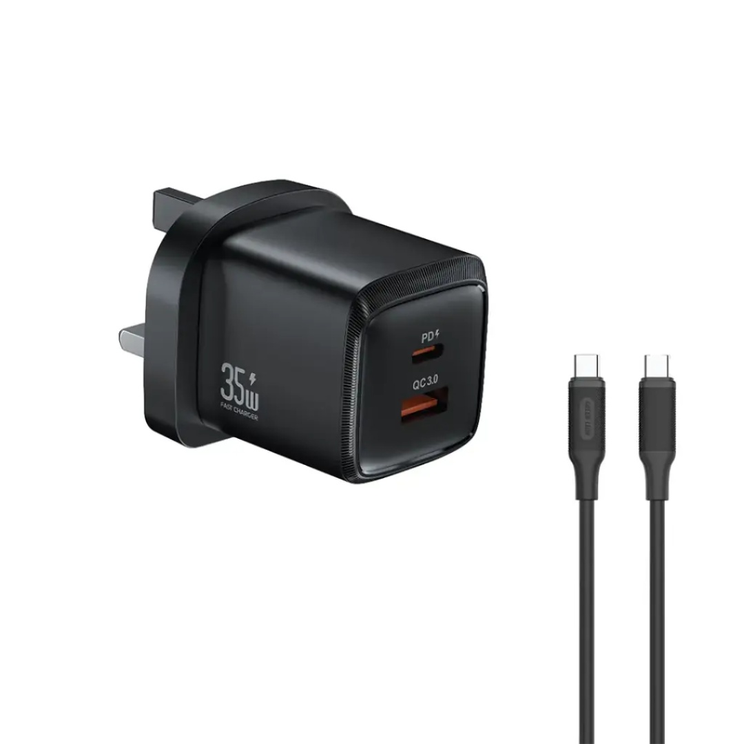 Green-Lion-G-Charge-Series-Dual-Port-Wall-Charger-35W-UK-Plug-Black-Green-Lion-G-Charge-Series-Dual-Port-Wall-Charger-35W-UK-Plug-with-1-Meter-Type-C-to-C Green Lion G-Charge Series Dual Port Wall Charger 35W UK Plug with 1 Meter Type-C to C - Image 1