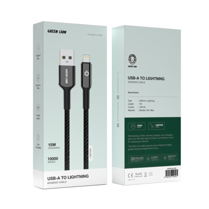 Green Lion USB-A to Lightning Braided Cable 15W - Image 2