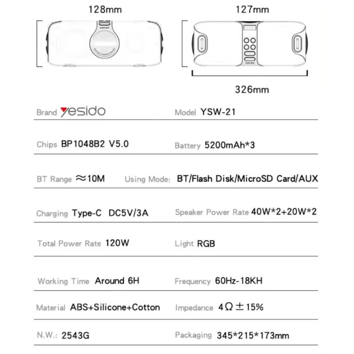Yesido 120W Wireless RGB Light Speaker YSW21 - Image 9