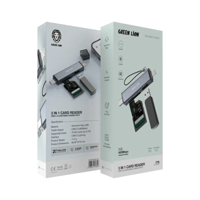 Green Lion 3 in 1 Card Reader with USB-C & Lightning Connectivity - Image 2