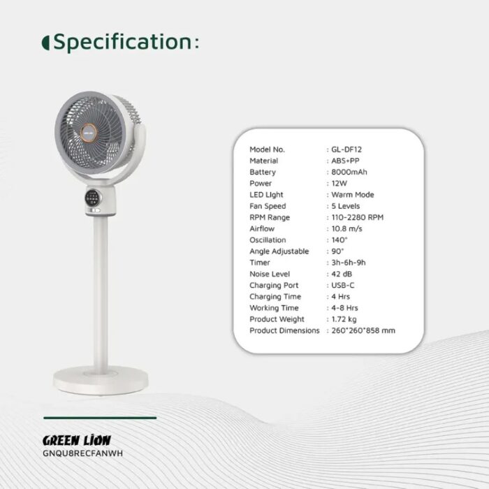 Green Lion Quad Flex Fan Rechargeable 8-Inch 3-Blade - Image 6