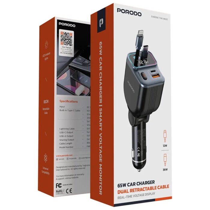 Porodo 65W Car Charger Dual Retractable Cable - Image 5