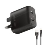 Green Lion Dual USB Port Wall Charger 12W UK with PVC Lightning Cable 1m