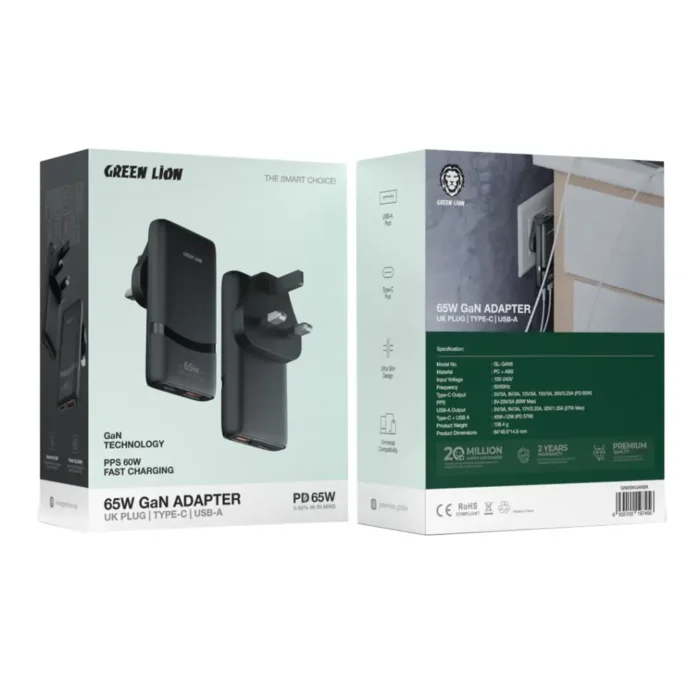 Green Lion 65W Gan Adapter Type-C Ports UK Plug - Image 3