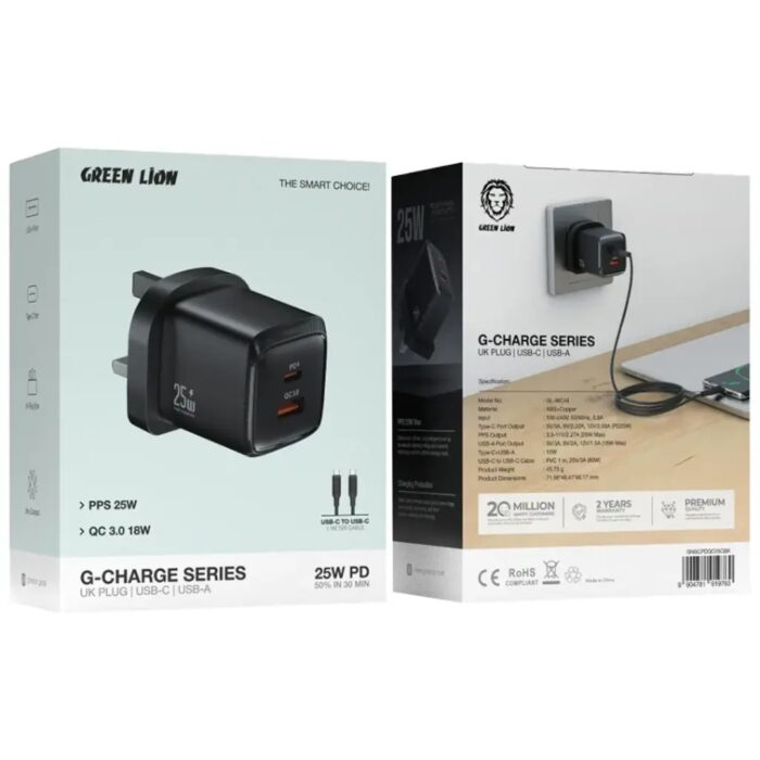 Green Lion G-Charge Series Dual Port Wall Charger 25W UK Plug with 1 Meter Type-C to C - Image 2