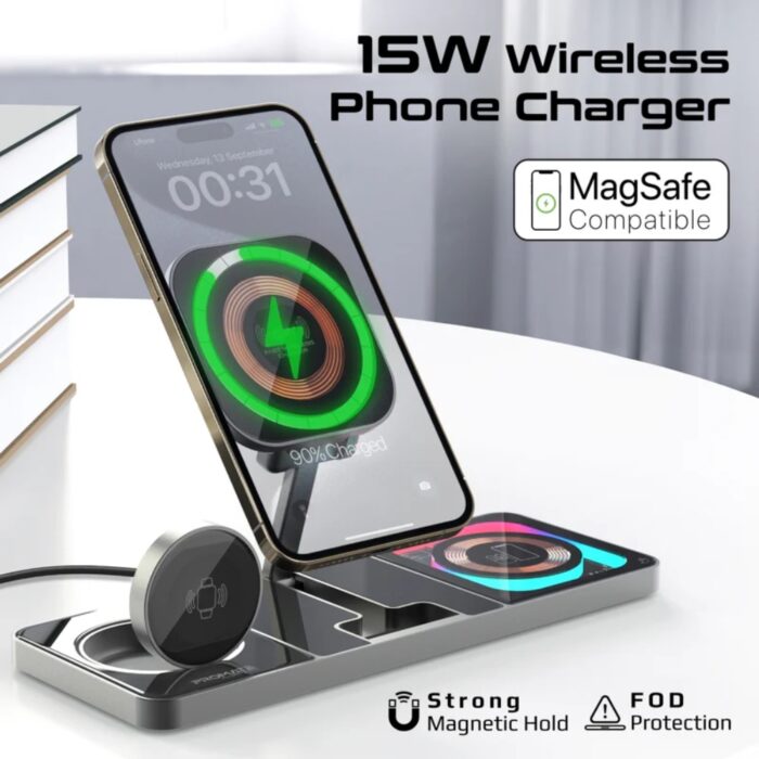 Promate AuraSlate-Trio Ultra-Slim Transparent 15W MagSafe Wireless Charging Station - Image 3