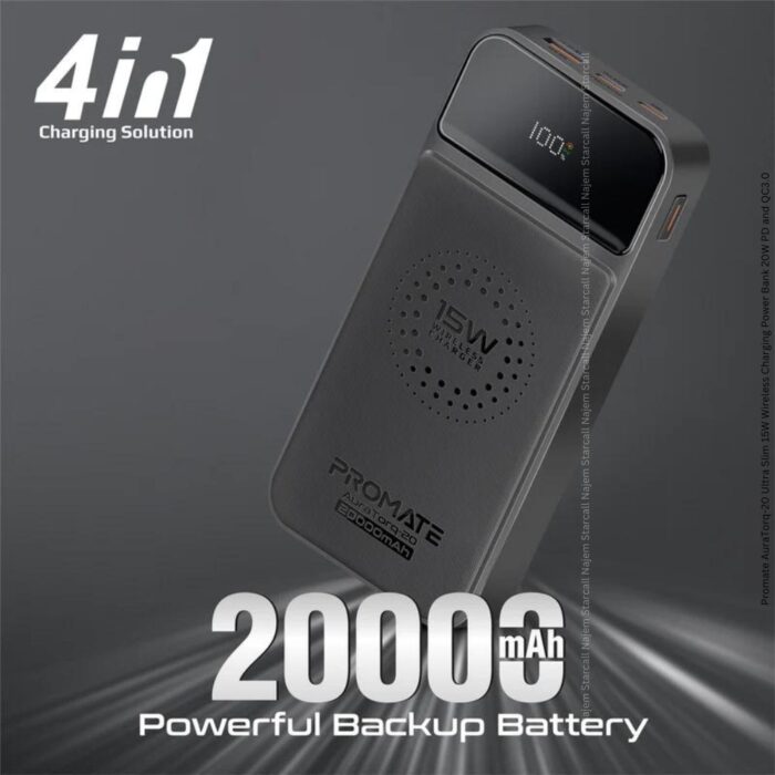Promate AuraTorq-20 Ultra Slim 15W Wireless Charging Power Bank 20W PD and QC3.0 - Image 3