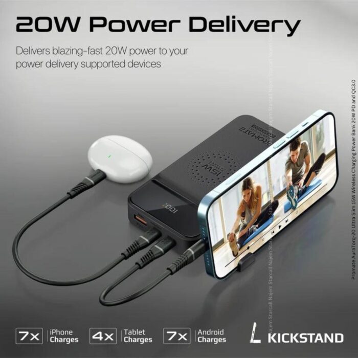 Promate AuraTorq-20 Ultra Slim 15W Wireless Charging Power Bank 20W PD and QC3.0 - Image 4