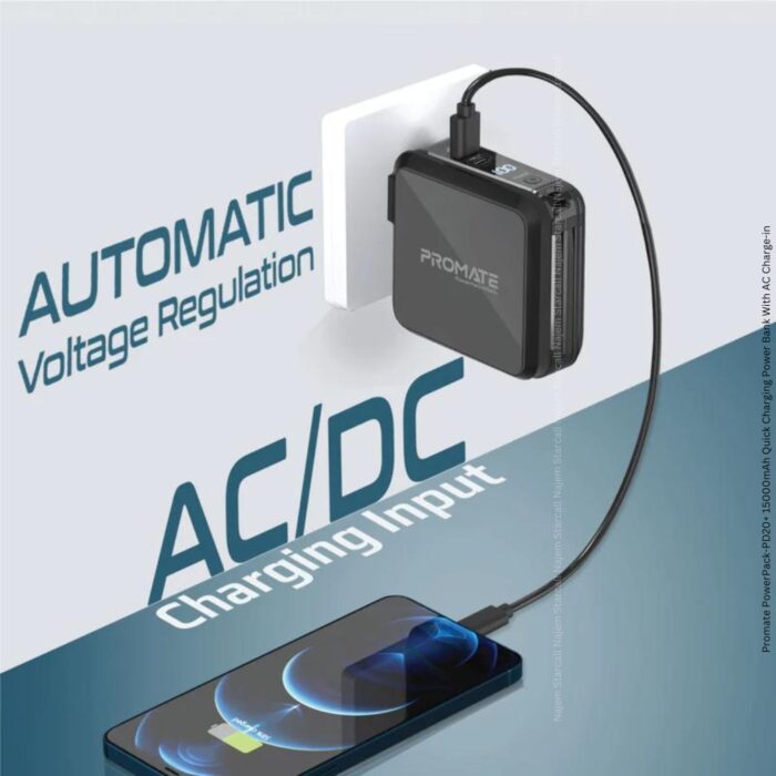 Promate PowerPack-PD20+ 15000mAh Quick Charging Power Bank With AC Charge-in - Image 3