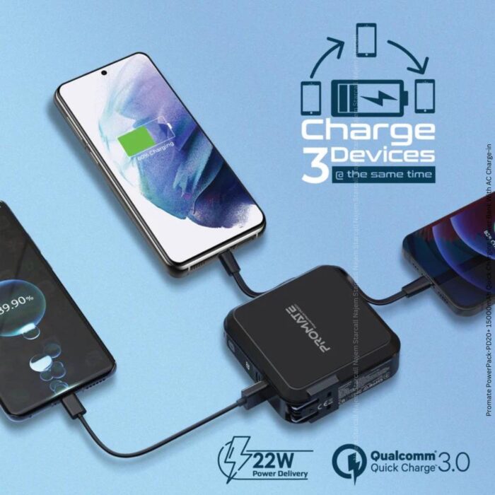 Promate PowerPack-PD20+ 15000mAh Quick Charging Power Bank With AC Charge-in - Image 4