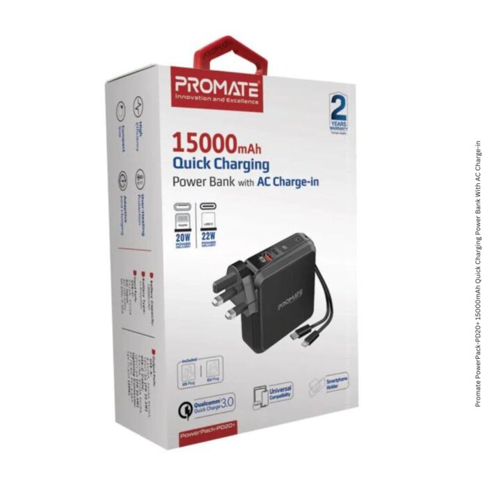 Promate PowerPack-PD20+ 15000mAh Quick Charging Power Bank With AC Charge-in - Image 8