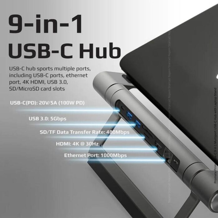 Promate PrimeBase-C 9 in 1 Multiport USB-C Hub with Laptop Stand - Image 2