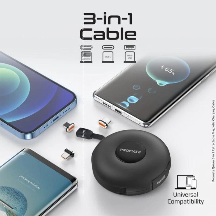 Promate Quiver 3 in 1 Retractable Magnetic Charging Cable - Image 3