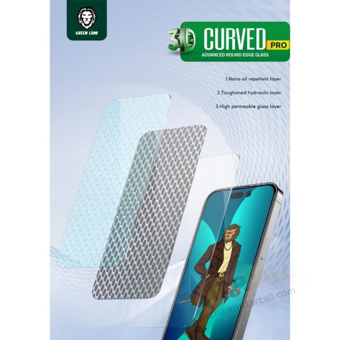 iPhone 14 Pro Max Green Lion 3D Curved Pro 9H Tempered Glass - Image 2