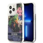 iPhone 14 Pro Max Guess Liquid Glitter Case with Flower Pattern Blue