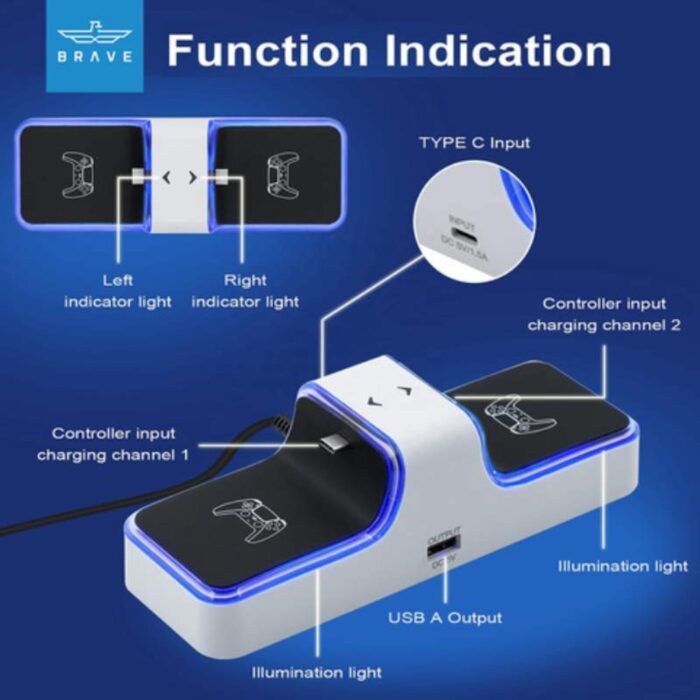 BRAVE Dual Charger Dock with Blue Light for PS5 Wireless Controller - Image 3