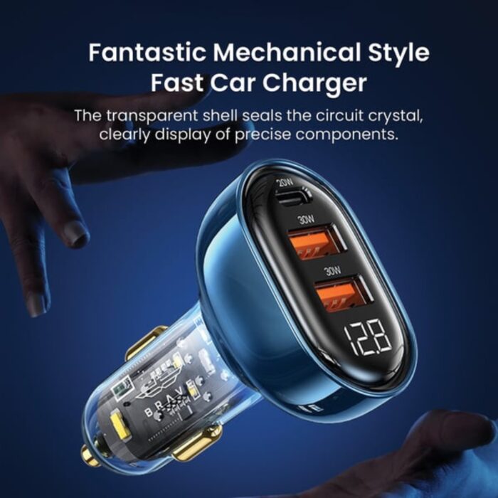Brave 80W 3 Ports Transparent Digital Display Fast Car Charger PD & dual Q3.0 - Image 2