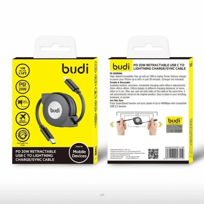 Budi Retractable USB-C to Lightning Cable PD 20W - Image 3