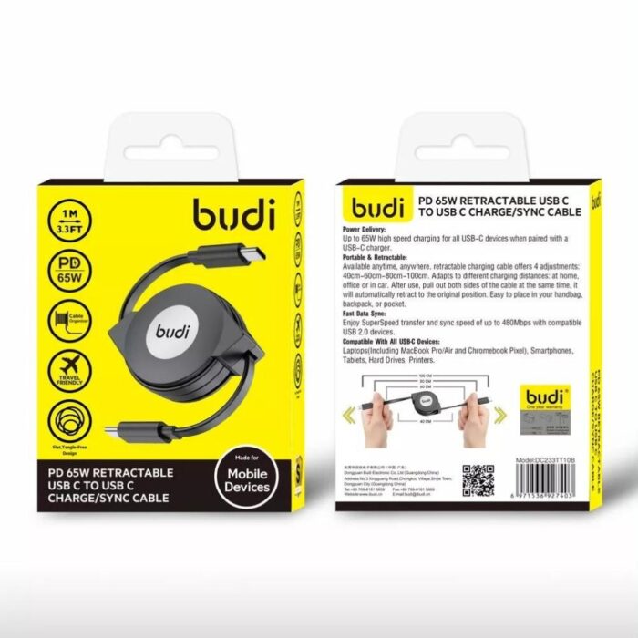 Budi Retractable USB-C to USB-C Cable PD 65W - Image 3