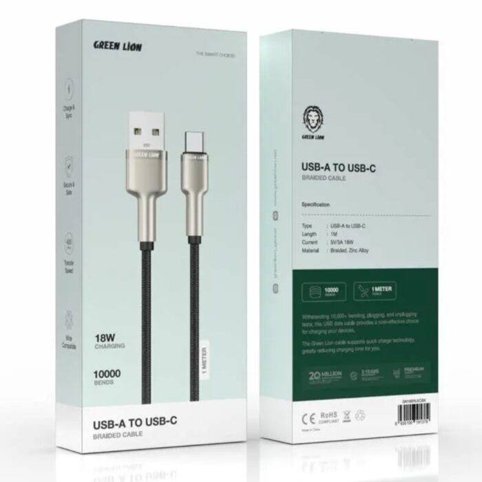 Green Lion USB-A to USB-C Braided Zinc Alloy Cable 18W - Image 2