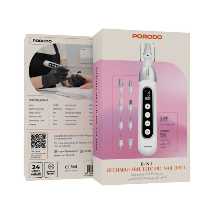 Porodo 8 in 1 Rechargeable Electric Nail Drill with Manicure and Pedicure - Image 3