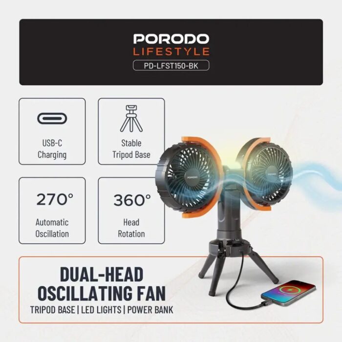 Porodo Lifestyle Dual-Head Oscillating Fan - Image 2