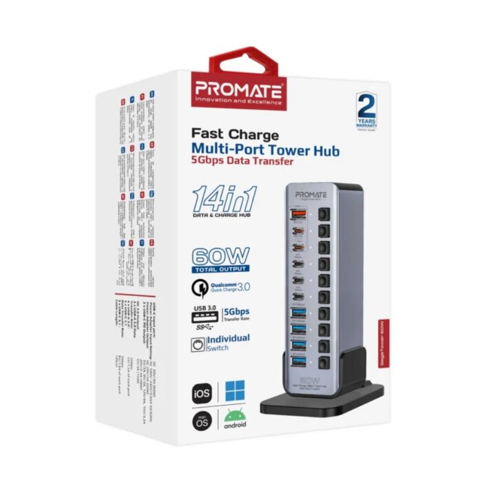 Promate GegaTower-60W Fast Charge Multi-port USB-C Tower Hub with 5Gbps Data Transfer - Image 10