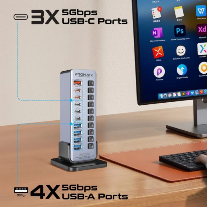 Promate GegaTower-60W Fast Charge Multi-port USB-C Tower Hub with 5Gbps Data Transfer - Image 9