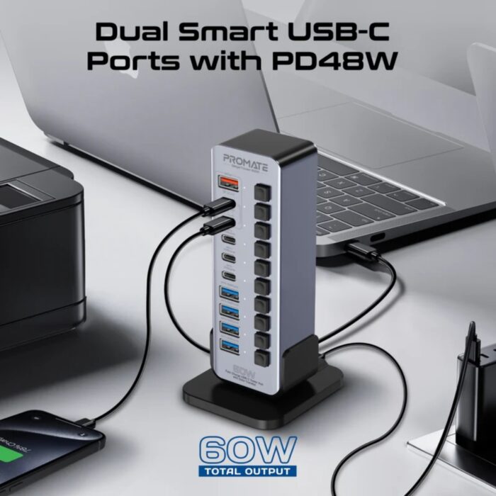 Promate GegaTower-60W Fast Charge Multi-port USB-C Tower Hub with 5Gbps Data Transfer - Image 8