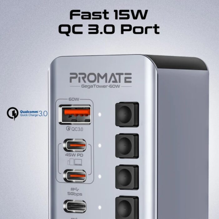 Promate GegaTower-60W Fast Charge Multi-port USB-C Tower Hub with 5Gbps Data Transfer - Image 7