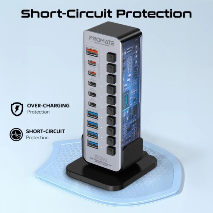 Promate GegaTower-60W Fast Charge Multi-port USB-C Tower Hub with 5Gbps Data Transfer - Image 6