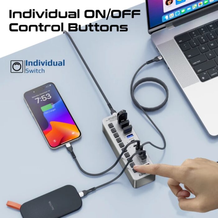 Promate GegaTower-60W Fast Charge Multi-port USB-C Tower Hub with 5Gbps Data Transfer - Image 5