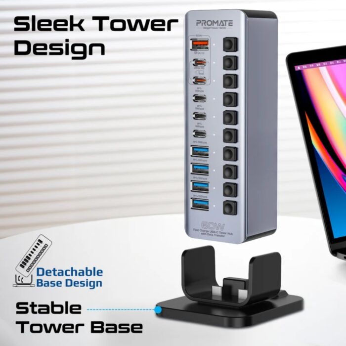 Promate GegaTower-60W Fast Charge Multi-port USB-C Tower Hub with 5Gbps Data Transfer - Image 3