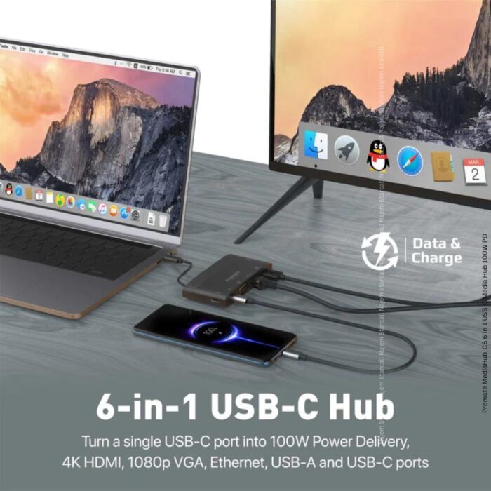 Promate MediaHub-C6 6 in 1 USB-C Media Hub 100W PD - Image 2