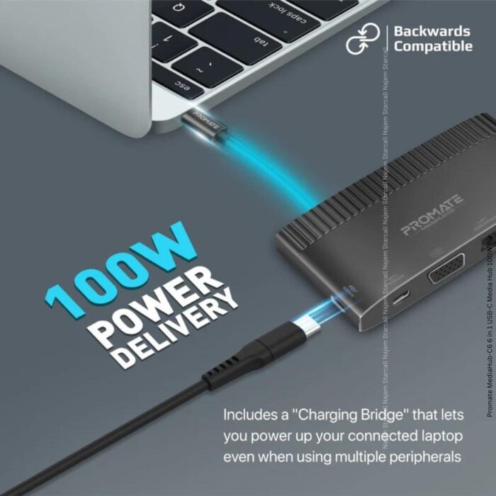 Promate MediaHub-C6 6 in 1 USB-C Media Hub 100W PD - Image 3