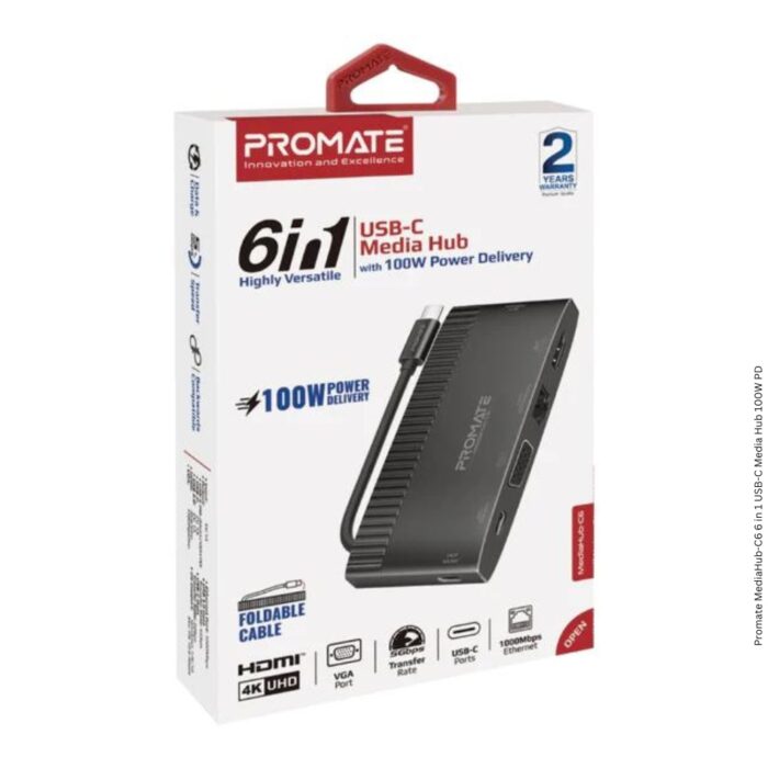 Promate MediaHub-C6 6 in 1 USB-C Media Hub 100W PD - Image 7