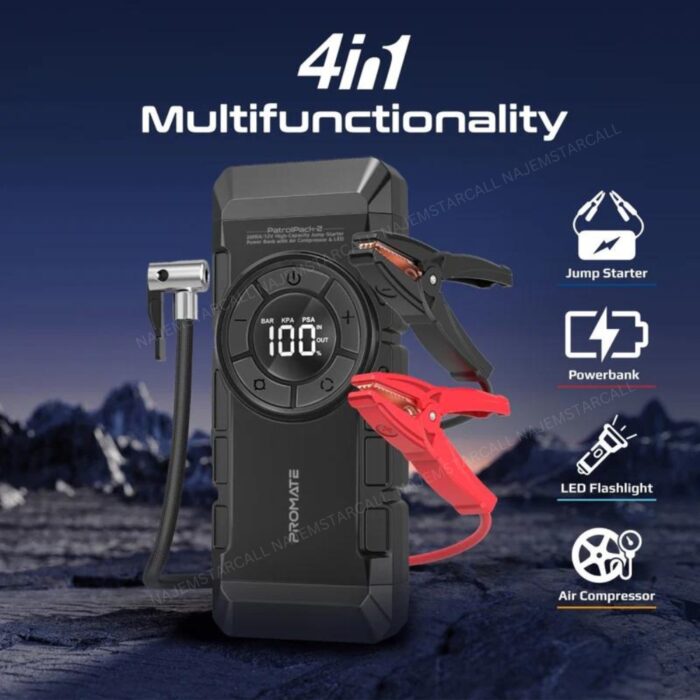 Promate PatrolPack-2 2000A 12V Jump Starter Power Bank Air Compressor LED Flashlight - Image 2