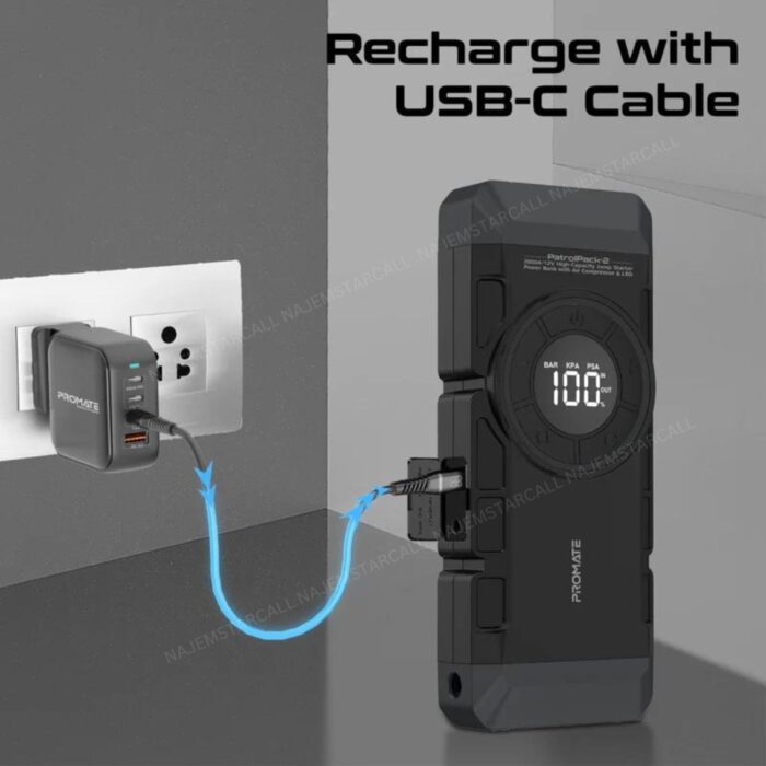Promate PatrolPack-2 2000A 12V Jump Starter Power Bank Air Compressor LED Flashlight - Image 9