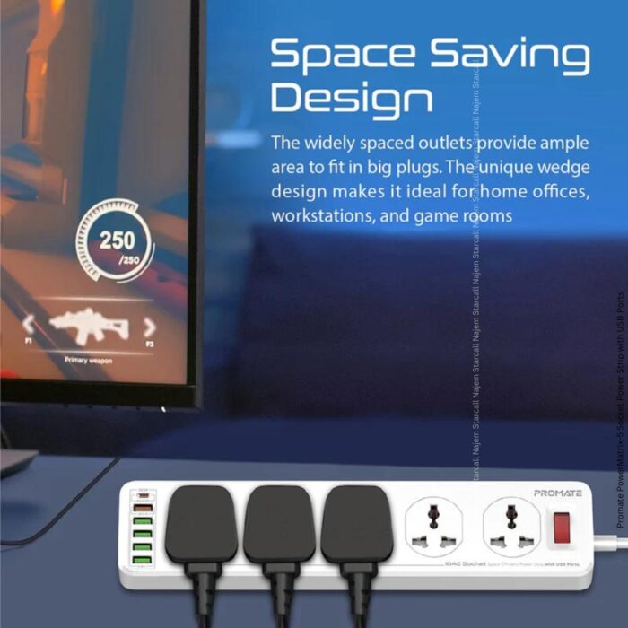 Promate PowerMatrix-5 Socket Power Strip with USB Ports UK Plug - Image 2