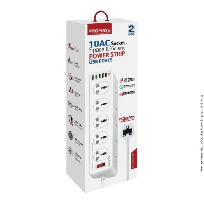 Promate PowerMatrix-5 Socket Power Strip with USB Ports UK Plug - Image 7