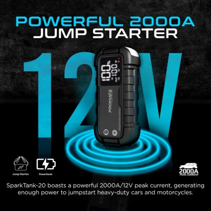 Promate SparkTank-20 - 2000A 12V Heavy Duty Car Jump Starter with 20000mAh Power Bank - Image 3
