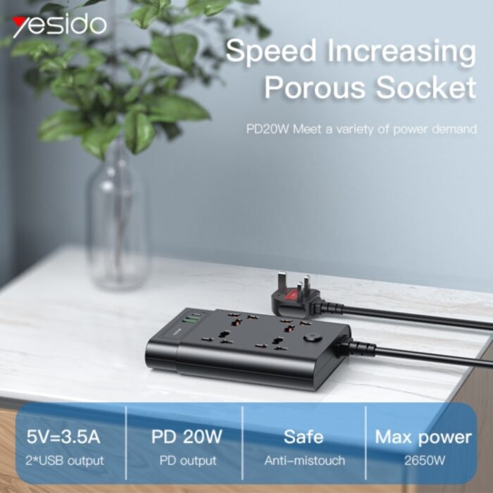 Yesido 2650W Power Socket with 2 USB 1 USB-C 38W Output MC11 - Image 4