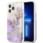 iPhone 14 Pro Guess Liquid Glitter Case with Flower Pattern Purple