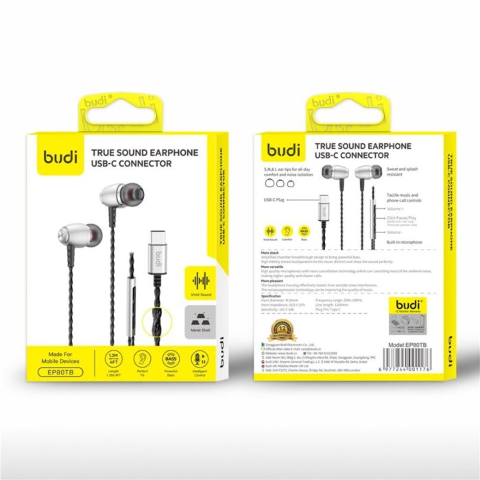 BUDI EP80TB 1.2m Type-C Wired Earphones - Image 3