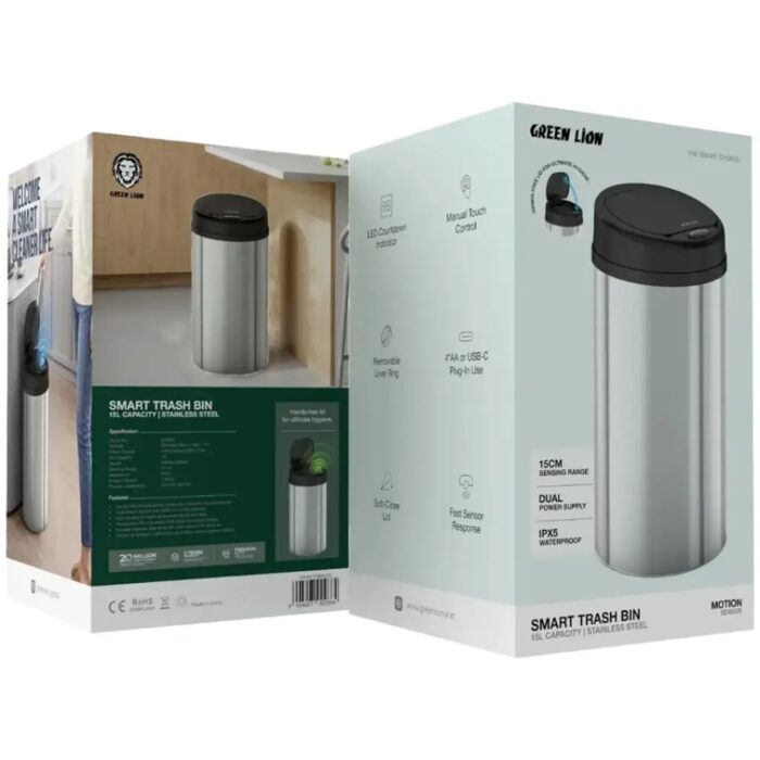 Green Lion Smart Trash Bin with 15L Capacity & Stainless Steel Material - Image 4