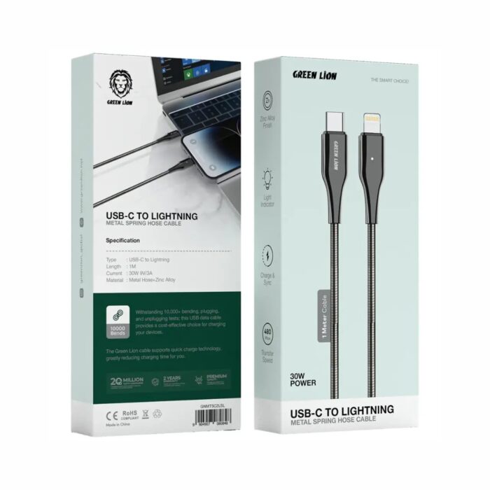 Green Lion USB C To Lightning Metal Spring Hose Cable - Image 2